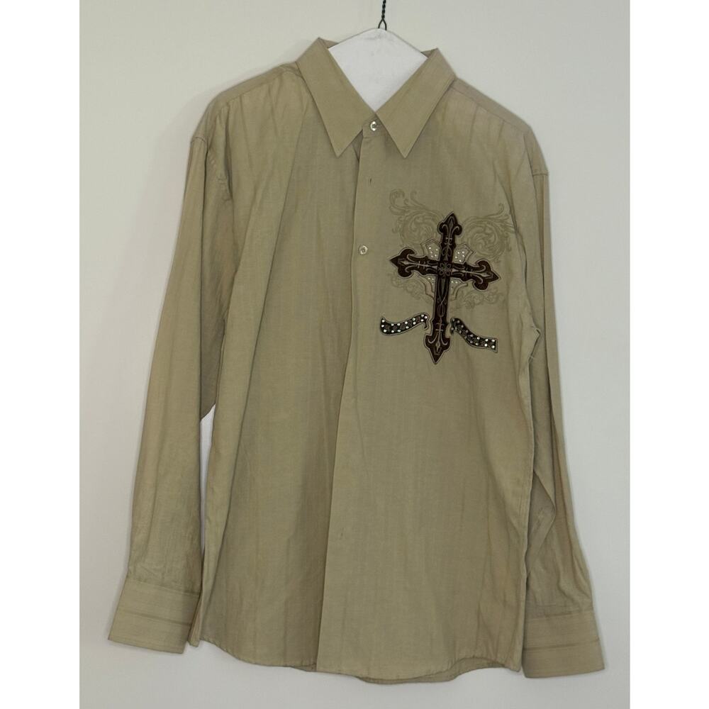 Men's Monticello Collection Cross Bedazzled Button Down Shirt Large